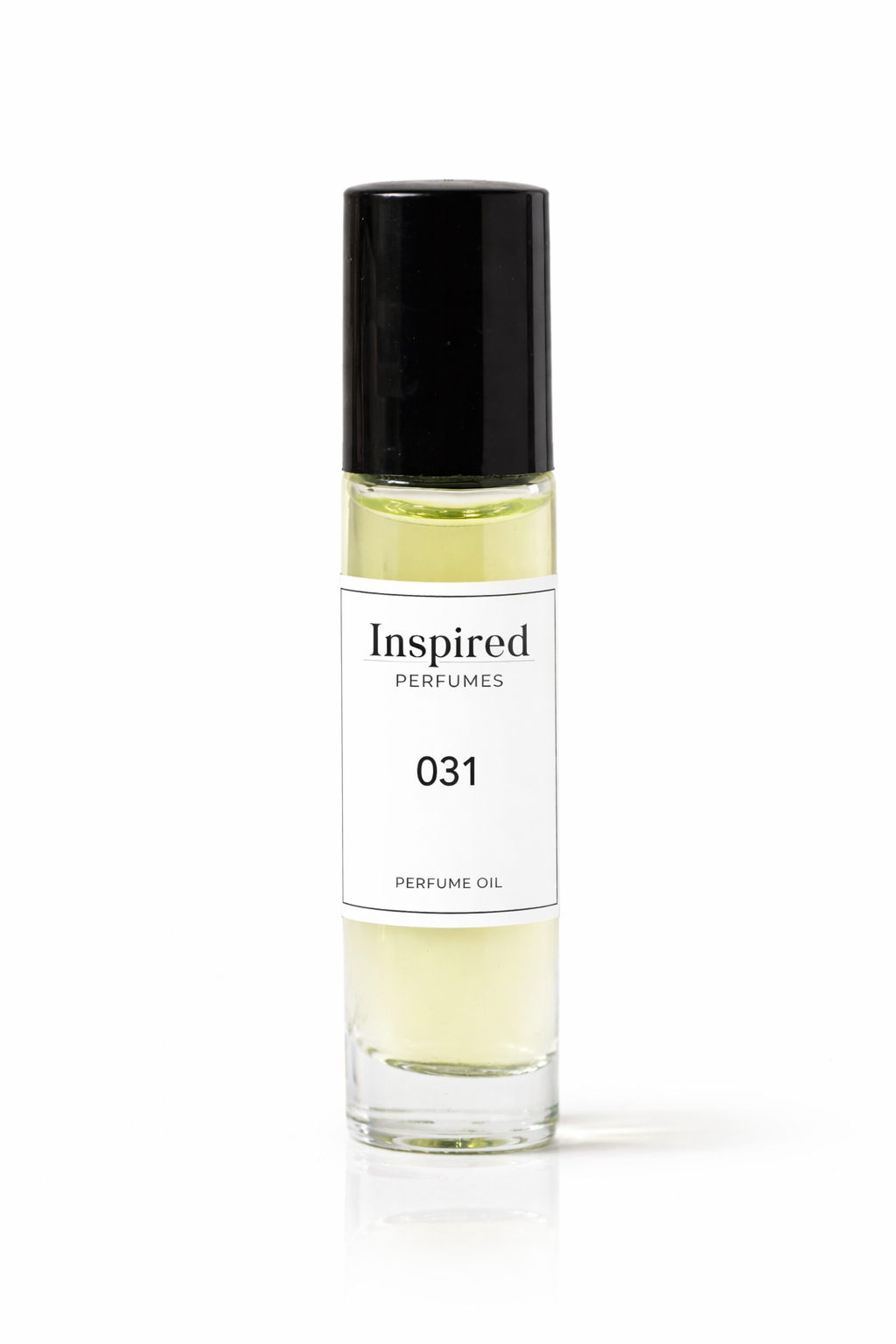 Perfume bottle labeled 'Inspired Perfumes 031' on a light background
