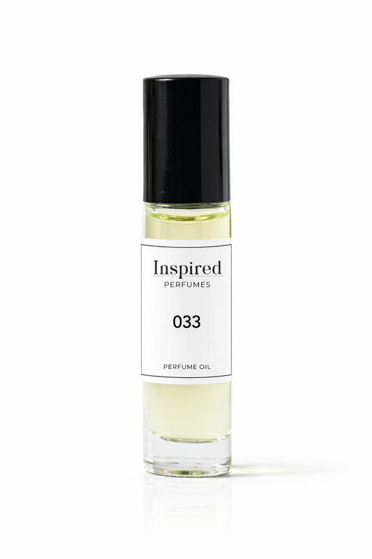 Perfume bottle labeled 'Inspired Perfumes 033' on a light background
