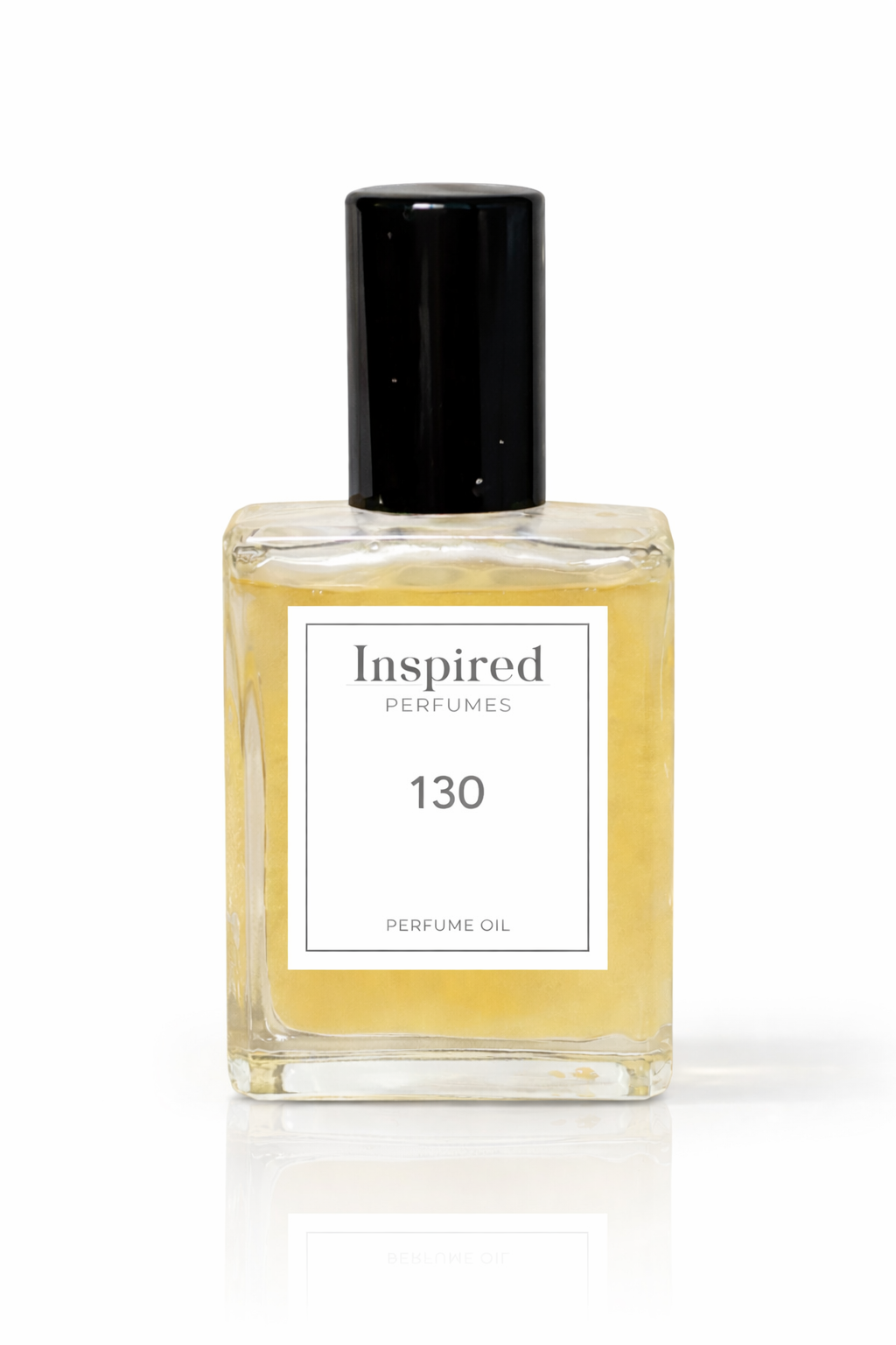 Perfume bottle labeled 'Inspired Perfumes' with a black cap on a white background